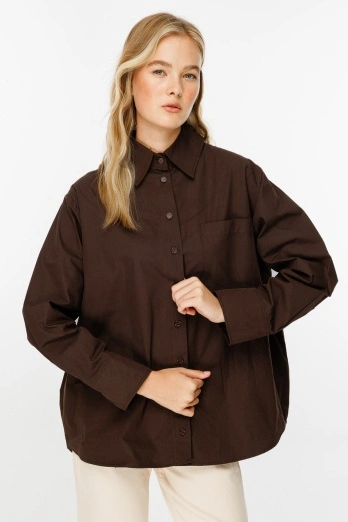 Hooopstore - Premium Oversıze Basic Poplin Kahve Gömlek