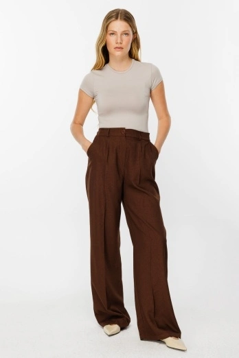 Hooopstore - Premium Pileli Palazzo Kahve Pantolon Hooopstore - Premium Pileli Palazzo Kahve Pantolon