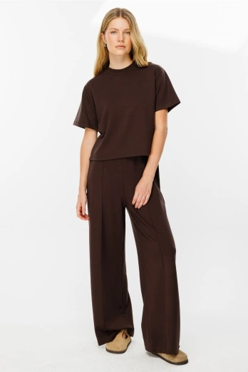 Hooopstore - Rahat Kesim Bol Paça Kahve Pamuk Pantolon