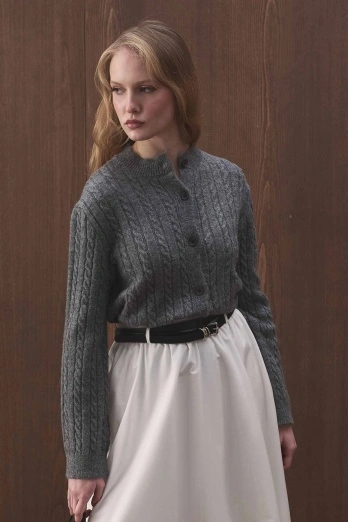 Hooopstore - Saç Örgü Triko Gri Hırka (1)