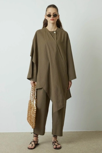 Hooopstore - Şal Aksesuarlı Haki Keten Ceket (1)