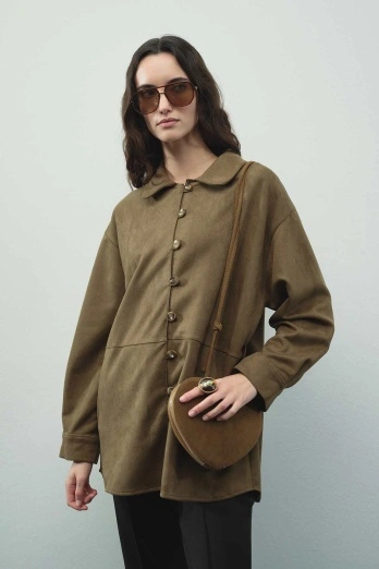 Hooopstore - Suede Birit Detaylı Haki Süet Gömlek (1)