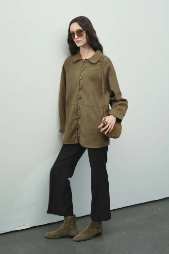 Hooopstore - Suede Birit Detaylı Haki Süet Gömlek