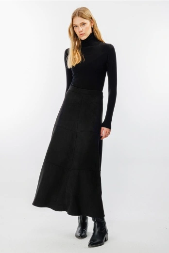 Hooopstore - Suede Süet Siyah Uzun Etek