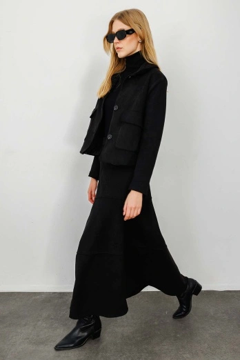 Hooopstore - Süet Deri Midi Boy Siyah Ceket (1)