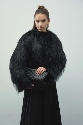 Hooopstore - Suni Kürk Kısa Siyah Ceket