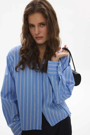 Hooopstore - Taş İşlemeli Çizgili Koyu Mavi Gömlek Hooopstore - Taş İşlemeli Çizgili Koyu Mavi Gömlek