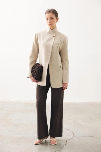 Hooopstore - Tek Düğmeli Dik Yaka Blazer Bej Ceket (1)