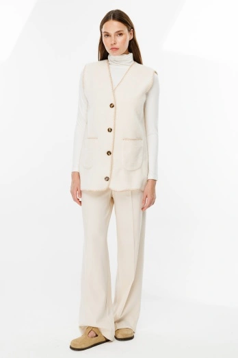 Hooopstore - Tığ İşi Kırık Beyaz Kovboy Yelek