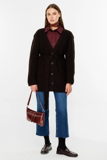 Hooopstore - Tokalı Kemerli Kahve Hırka