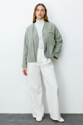 Hooopstore - Trocape Yakasız Çağla Kaşe Ceket (1)