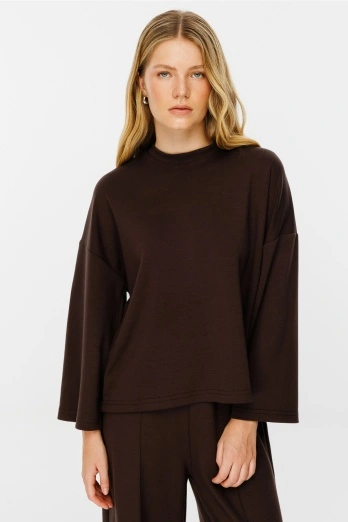 Hooopstore - Uzun Kollu Oversize Kahve Tshirt (1)