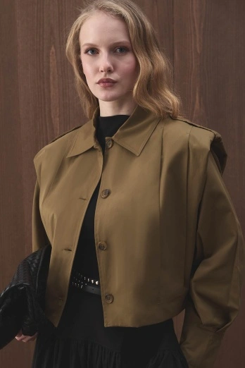 Hooopstore - Vatkalı Gabardin Kısa Haki Ceket (1)