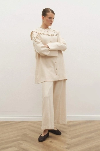 Hooopstore - Visolin Ütü İzli Krem Pantolon Hooopstore - Visolin Ütü İzli Krem Pantolon