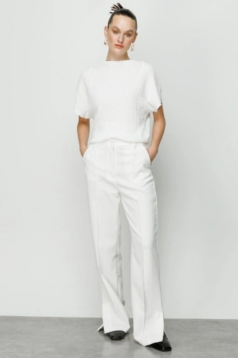 Hooopstore - Yırtmaç Detaylı Kumaş Beyaz Pantolon (1)