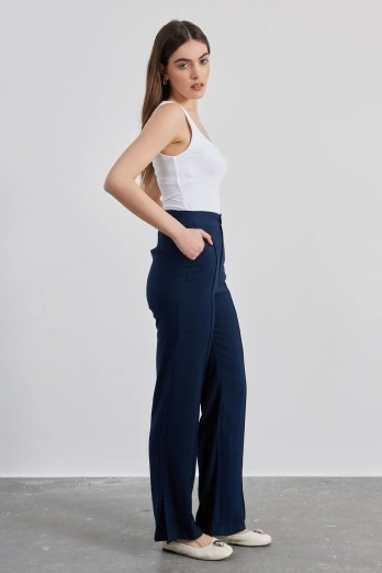 Hooopstore - Yırtmaç Detaylı Pamuk Viskon Lacivert Pantolon (1)