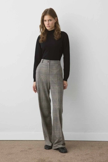 Hooopstore - Yüksek Bel Ekose Poliviscon Bordo Pantolon (1)