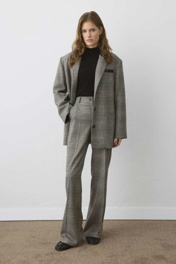 Hooopstore - Yüksek Bel Ekose Poliviscon Bordo Pantolon