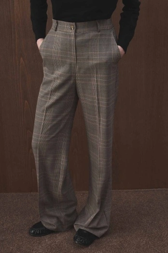 Hooopstore - Yüksek Bel Ekose Poliviscon Kahve Pantolon (1)