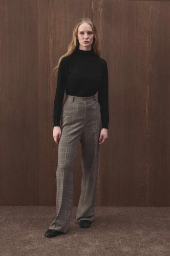 Hooopstore - Yüksek Bel Ekose Poliviscon Kahve Pantolon