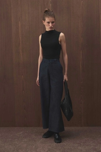 Hooopstore - Yüksek Bel Minimal Denim Lacivert Pantolon