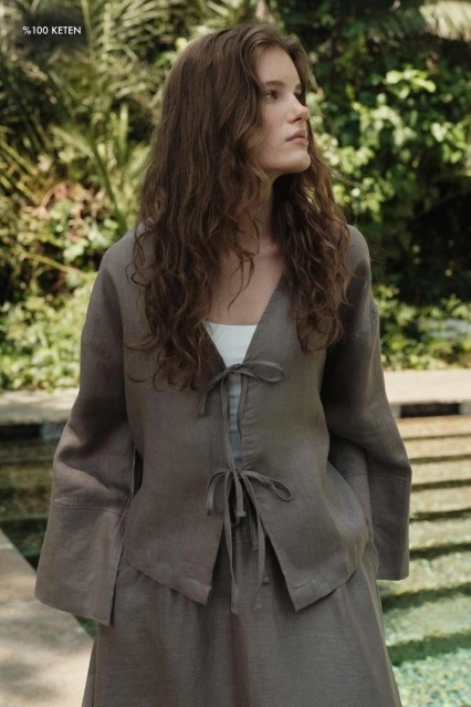 %100 Keten Bağcıklı Dökümlü Kül Gri Kimono