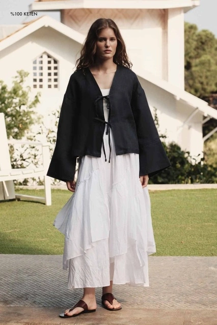 %100 Keten Bağcıklı Dökümlü Lacivert Kimono