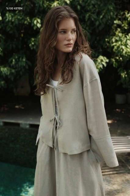 %100 Keten Bağcıklı Dökümlü Taş Kimono