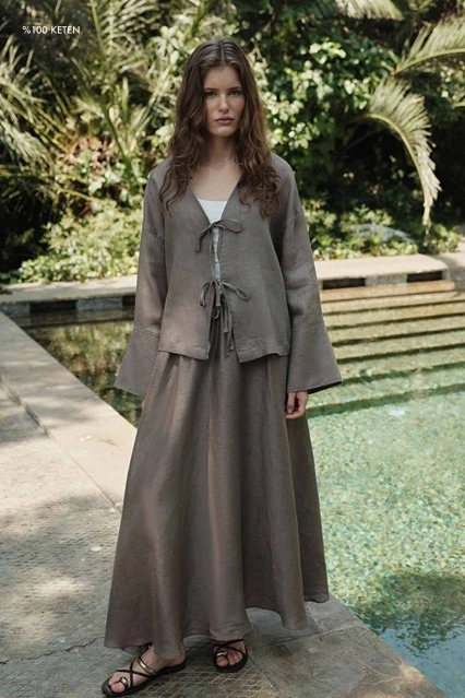 %100 Keten Beli Lastikli Kül Gri Etek