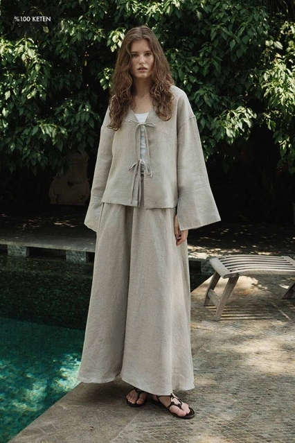 %100 Keten Beli Lastikli Taş Etek