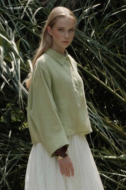 %100 Keten Düğmeli Dökümlü Elma Yeşili Bluz