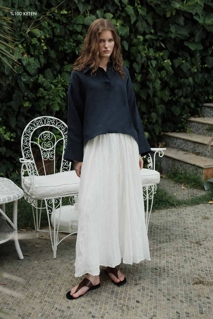 %100 Keten Düğmeli Dökümlü Lacivert Bluz