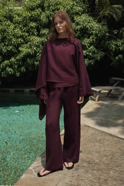 %100 Keten Düz Bordo Pantolon