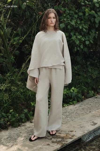 %100 Keten Düz Taş Pantolon