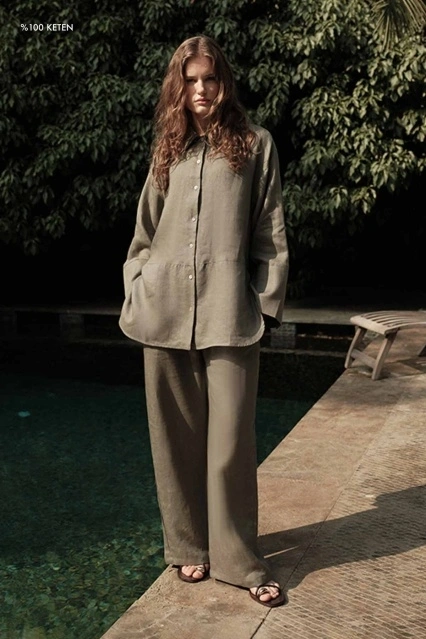 %100 Keten Kesik Detaylı Dökümlü Adaçayı Gömlek