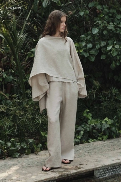 %100 Keten Pelerin Detaylı Dökümlü Taş Bluz