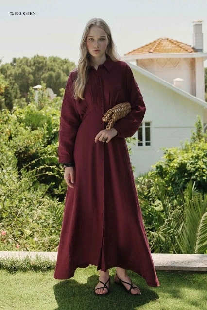%100 Keten Reglan Kol Düğmeli Bordo Elbise