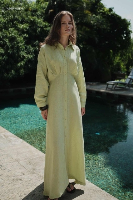 %100 Keten Reglan Kol Düğmeli Elma Yeşili Elbise
