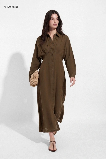%100 Keten Reglan Kol Düğmeli Kahve Elbise
