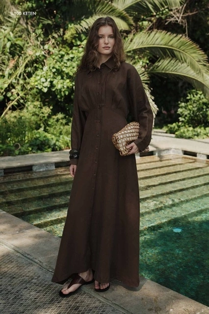 %100 Keten Reglan Kol Düğmeli Kahve Elbise