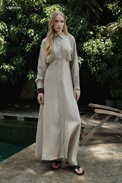 %100 Keten Reglan Kol Düğmeli Taş Elbise