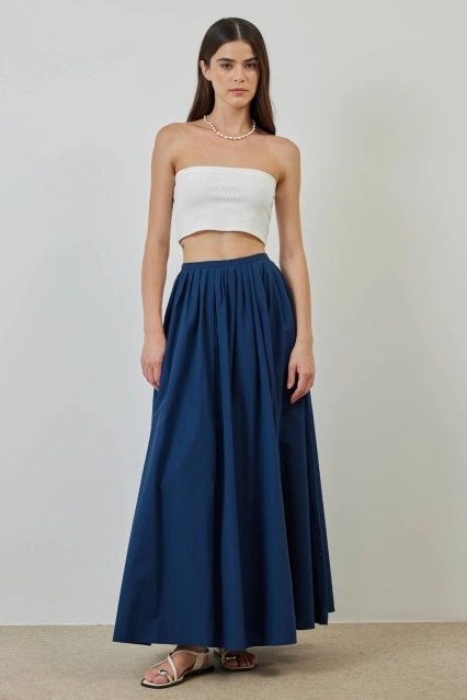 A Kesim Pileli Lacivert Poplin Etek