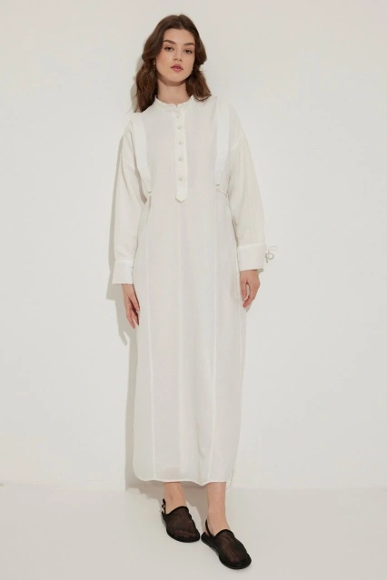 Aller Kol Detaylı Dokulu Beyaz Elbise