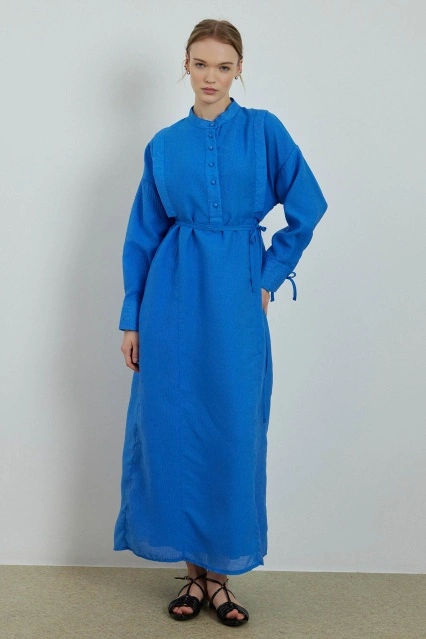 Aller Kol Detaylı Dokulu Saks Mavisi Elbise