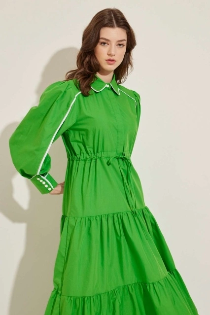 Biye Detaylı Benetton Yeşili Poplin Elbise