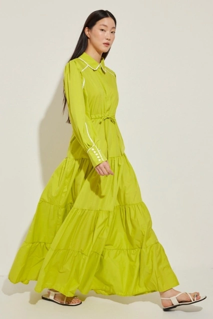 Biye Detaylı Fıstık Yeşili Poplin Elbise