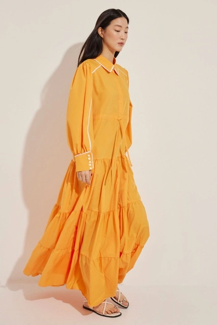 Biye Detaylı Oranj Poplin Elbise