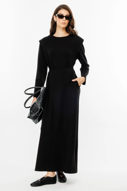 Aller Detaylı Compact Pamuk Siyah Elbise