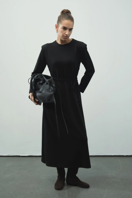 Aller Detaylı Compact Pamuklu Siyah Elbise