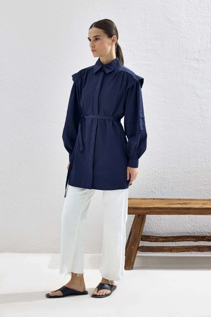 Aller Detaylı Oversize Gömlek - Lacivert